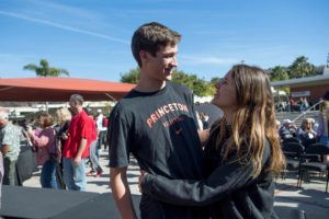 Jess Hunt, left, who will be playing volleyball for Princeton, is congratulated by his girlfriend, Emily Glaser during a lunchtime National Signing Day ceremony at San Clemente High School in San Clemente, California, February 1, 2017. (Photo by Jeff Gritchen, Orange County Register/SCNG)