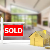 3d rendering sold house sign with gold house model