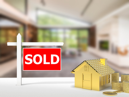 3d rendering sold house sign with gold house model