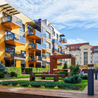 modern complex of apartment residential buildings. with many benches and outdoor facilities.