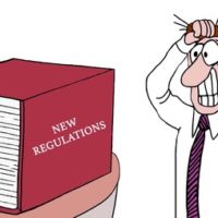 cartoon of a businessman pulling his hair out as he sees a huge book of new regulations.