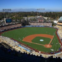 a sunny day dodgers baseball game at dodger stadium