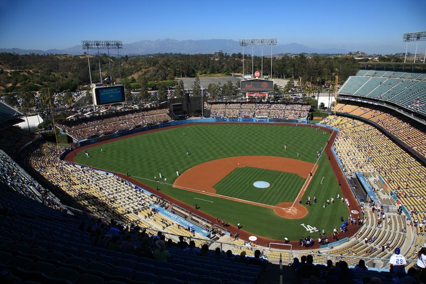 a sunny day dodgers baseball game at dodger stadium