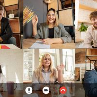 Team working by group video call share ideas brainstorming use video conference. PC screen view with young people, application ad. Easy and comfortable usage concept, business, online, finance.