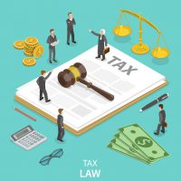 Tax law flat isometric vector concept. People surrounded by the tax and justice attributes are disputing on something.